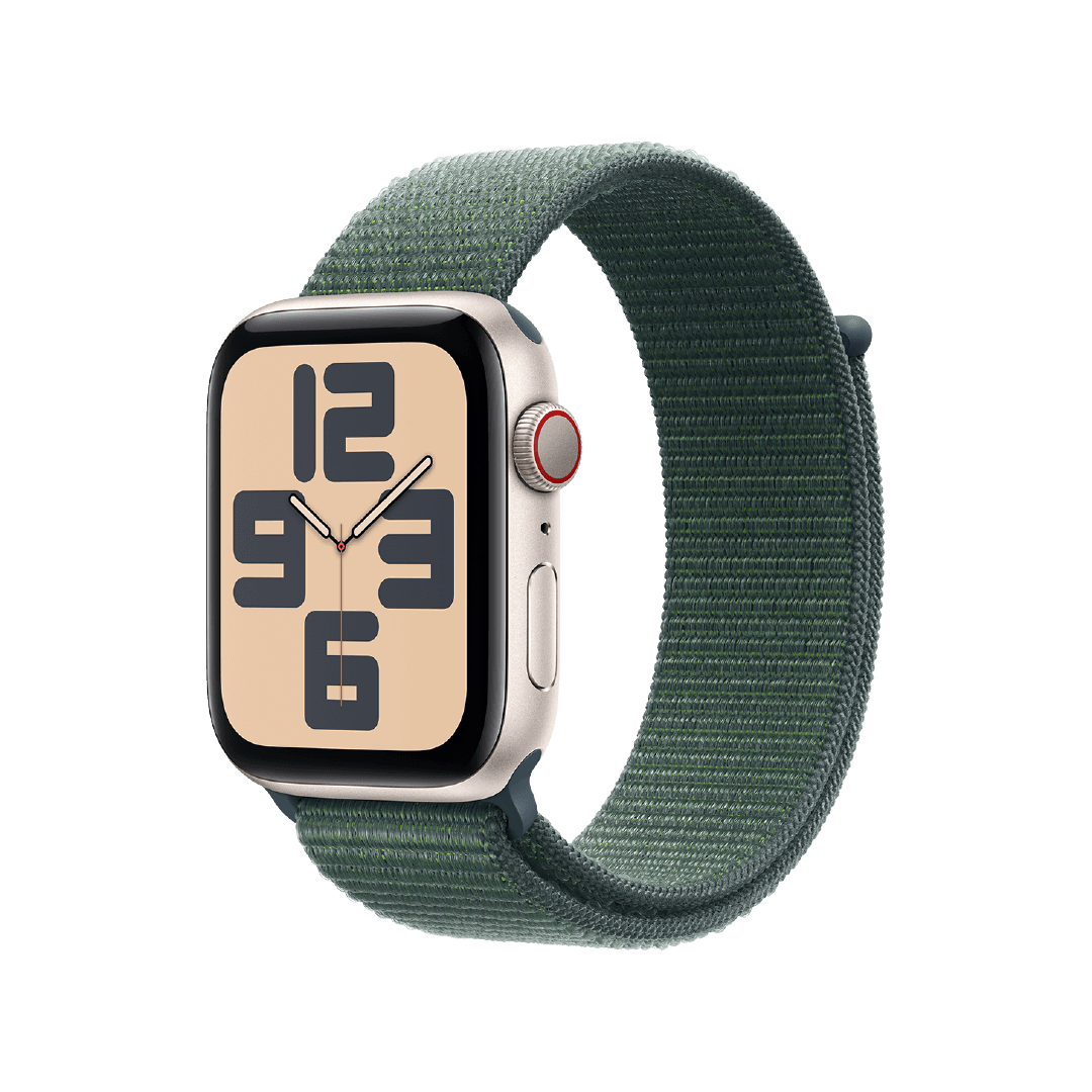 Apple Watch SE GPS + Celular, 44mm, Caja Aluminio Blanco Estrella - Correa Loop Deportiva Verde Lago