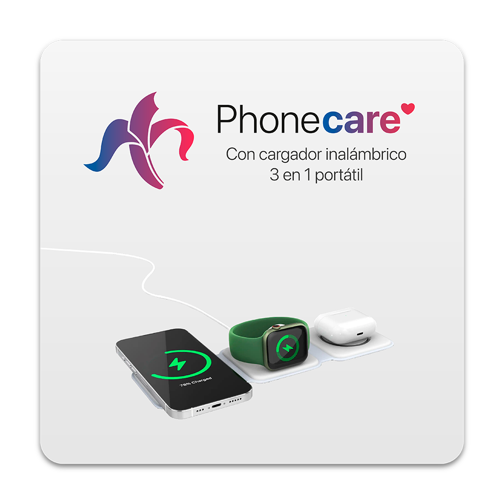 PhoneCare Plus Online para iPhone 15 Plus con Cargador Inalám. 3 en 1 portátil