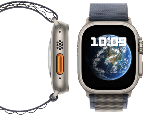 Vista frontal y lateral del nuevo Apple Watch Ultra 2 neutro en carbono