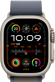 Apple Watch Ultra 2 con la correa Loop Alpine azul y una esfera con las complicaciones GPS, Temperatura, Brújula, Altitud y las métricas de fitness
