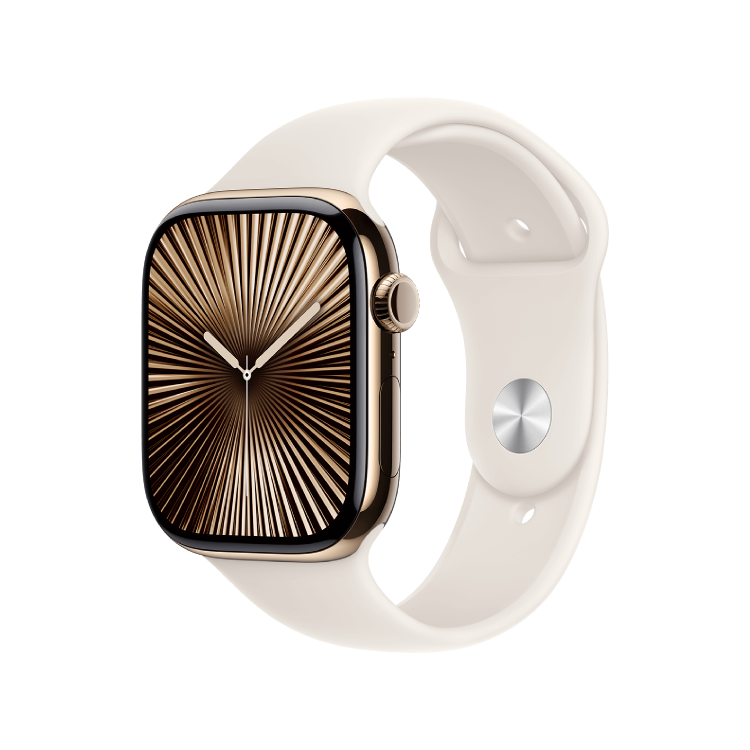 Apple Watch Series 10 GPS + Celular 46mm Titanio Oro - Correa Sport Blanco Estrella (M/L, muñecas de 150 a 200mm)