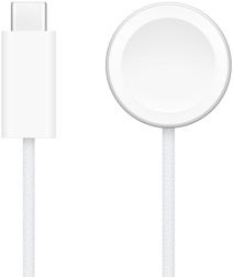 Un cargador USB-C al lado de un cable de carga rápida magnética para el Apple Watch