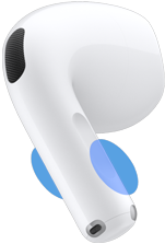 Parte exterior de un auricular de los AirPod 5, círculos azules que indican dónde tocar en la parte alargada para controlar el volumen