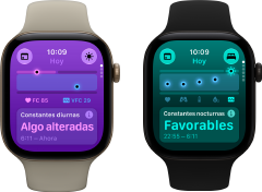 Dos Apple Watch Series 12: caja de aluminio, color dorado claro, constantes vitales diurnas algo alteradas, Digital Crown, correa deportiva color arena, caja de aluminio, color negro, constantes vitales nocturnas normales, Digital Crown, correa deportiva color negro