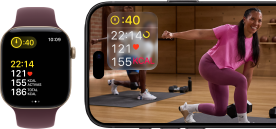 Un Apple Watch junto a un iPhone con una sesión de Apple Fitness+ en la pantalla