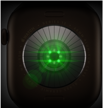 Parte trasera de un Apple Watch Series 12, caja de aluminio, color bronce oscuro, varios sensores redondos con luces LED verdes brillantes, lateral izquierdo, Digital Crown, correa deportiva, color verde oliva