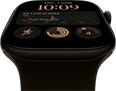 Apple Watch Series 12, caja de aluminio, color bronce oscuro, esfera Modular, complicaciones: fecha y día, Entrenos, anillos de Actividad, Apple Music, lateral derecho, Digital Crown, correa deportiva, color verde oliva