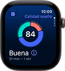 Apple Watch Series 12, caja de aluminio, color gris espacial, gráfico circular de Calidad del Sueño, lateral derecho, Digital Crown
