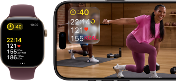 Un Apple Watch junto a un iPhone con una sesión de Apple Fitness+ en la pantalla