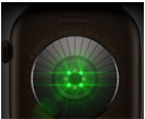 Parte trasera de un Apple Watch Series 12, caja de aluminio, color bronce oscuro, varios sensores redondos con luces LED verdes brillantes, lateral izquierdo, Digital Crown, correa deportiva, color verde oliva