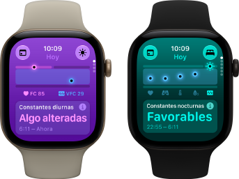 Dos Apple Watch Series 12: caja de aluminio, color dorado claro, constantes vitales diurnas algo alteradas, Digital Crown, correa deportiva color arena, caja de aluminio, color negro, constantes vitales nocturnas normales, Digital Crown, correa deportiva color negro
