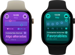 Dos Apple Watch Series 12: caja de aluminio, color dorado claro, constantes vitales diurnas algo alteradas, Digital Crown, correa deportiva color arena, caja de aluminio, color negro, constantes vitales nocturnas normales, Digital Crown, correa deportiva color negro