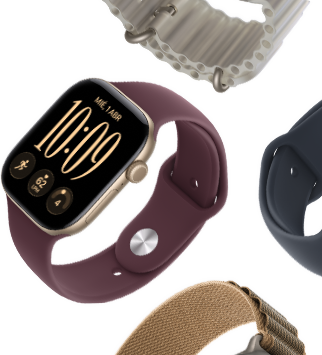 Correas para el Apple Watch Series 11: correa deportiva color niebla lila, correa Ocean color azul náutico y correa Loop Alpine color azul claro