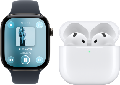 Apple Watch Series 12, caja de aluminio, color negro, correa deportiva negra, app Apple Music abierta, enlazado a unos AirPods 4