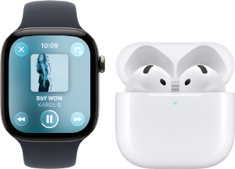 Apple Watch Series 12, caja de aluminio, color negro, correa deportiva negra, app Apple Music abierta, enlazado a unos AirPods 4