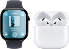 Apple Watch Series 12, caja de aluminio, color negro, correa deportiva negra, app Apple Music abierta, enlazado a unos AirPods 4