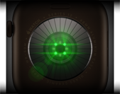 Parte trasera de un Apple Watch Series 12, caja de aluminio, color bronce oscuro, varios sensores redondos con luces LED verdes brillantes, lateral izquierdo, Digital Crown, correa deportiva, color verde oliva