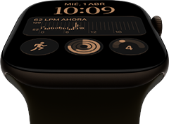 Apple Watch Series 12, caja de aluminio, color bronce oscuro, esfera Modular, complicaciones: fecha y día, Entrenos, anillos de Actividad, Apple Music, lateral derecho, Digital Crown, correa deportiva, color verde oliva