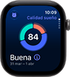 Apple Watch Series 12, caja de aluminio, color gris espacial, gráfico circular de Calidad del Sueño, lateral derecho, Digital Crown