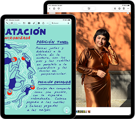Dos iPad Air, tamaños: 11 pulgadas y 13 pulgadas, el modelo de 11 pulgadas muestra texto a todo color en la app Notas, el modelo de 13 pulgadas muestra la foto de una persona en la app Fotos