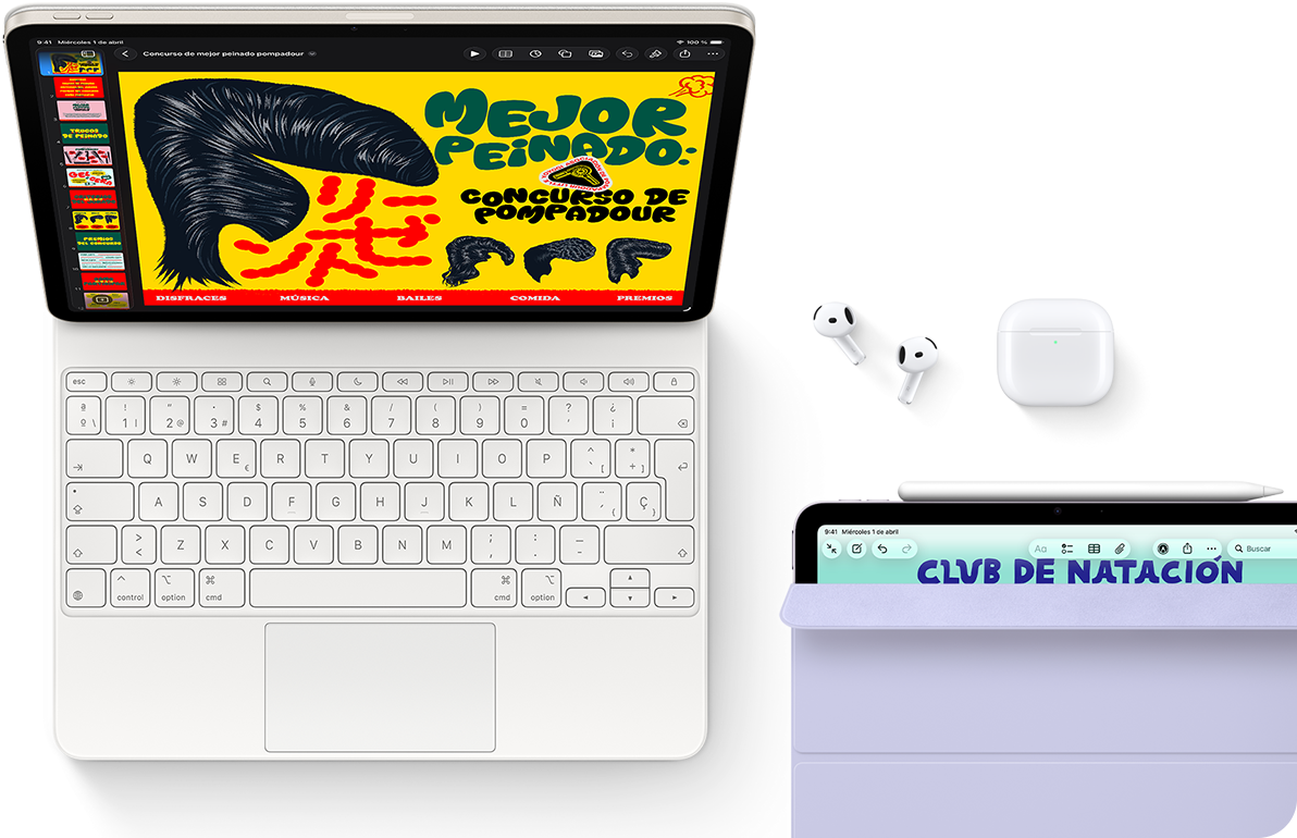 iPad Air, blanco estrella, gráficos a todo color en la pantalla, acoplado a un Magic Keyboard, junto a unos AirPods Pro y un Apple Pencil Pro