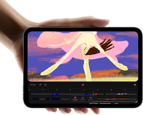 iPad mini, sostenido por una mano, parte delantera, aparece en la pantalla una interfaz de edición de vídeo con clips a todo color, debajo se menciona el chip A20 Pro