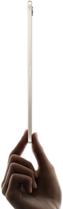 iPad mini, sostenido por una mano, parte lateral que muestra su diseño fino y ligero