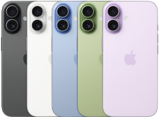 iPhone 17, parte trasera, sistema de cámara dual Fusion, los cinco colores superpuestos: negro, blanco, verde salvia, azul neblina y lavanda