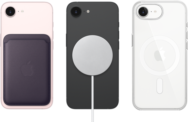 iPhone 17e, parte trasera, color rosa palo, cartera de trenzado fino con MagSafe acoplada, iPhone 17e, parte trasera, color negro, cargador MagSafe acoplado, iPhone 17e, parte trasera, color blanco, funda transparente con MagSafe acoplada