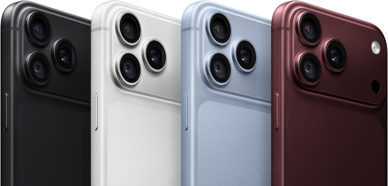 Dispositivos iPhone 18 Pro en fila, parte trasera, los cuatro colores disponibles: burdeos, azul glacial, plata y negro, sistema de cámaras Pro Fusion en la esquina superior izquierda, tres objetivos, micrófono, flash