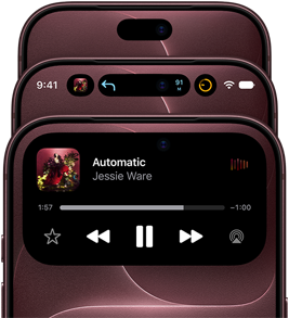 Tres iPhone 18 Pro en burdeos se despliegan en forma de abanico para mostrar la Dynamic Island en distintos modos: desactivada, minimizada y maximizada