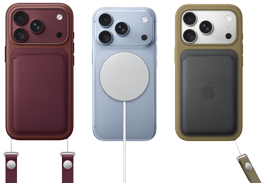 De izquierda a derecha, iPhone 18 Pro con funda de piel burdeos y correa de muñeca en el mismo tono, iPhone 18 Pro en azul glacial con cargador MagSafe blanco acoplado, iPhone 18 Pro en plata con cartera de piel verde y correa de muñeca.