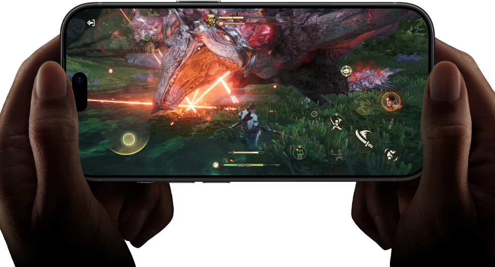 iPhone 18 Pro, parte delantera, muestra el rendimiento del chip A20 Pro con una escena de Monster Hunter Outlanders