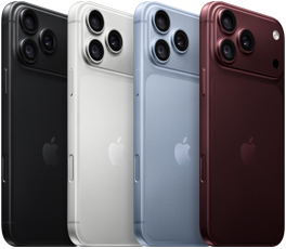 Dispositivos iPhone 18 Pro en fila, parte trasera, los cuatro colores disponibles: burdeos, azul glacial, plata y negro, sistema de cámaras Pro Fusion en la esquina superior izquierda, tres objetivos, micrófono, flash