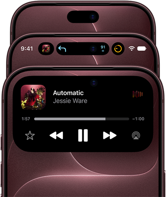 Tres iPhone 18 Pro en burdeos se despliegan en forma de abanico para mostrar la Dynamic Island en distintos modos: desactivada, minimizada y maximizada