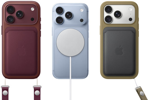 De izquierda a derecha, iPhone 18 Pro con funda de piel burdeos y correa de muñeca en el mismo tono, iPhone 18 Pro en azul glacial con cargador MagSafe blanco acoplado, iPhone 18 Pro en plata con cartera de piel verde y correa de muñeca.