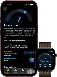 iPhone 18 Pro, color negro, parte delantera, muestra los resultados del estado de Disposición (puntuación de 7), enlazado con un Apple Watch, parte delantera, marrón, muestra la misma puntuación de 7 de Disposición