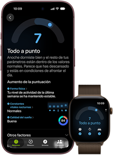 iPhone 18 Pro, color negro, parte delantera, muestra los resultados del estado de Disposición (puntuación de 7), enlazado con un Apple Watch, parte delantera, marrón, muestra la misma puntuación de 7 de Disposición
