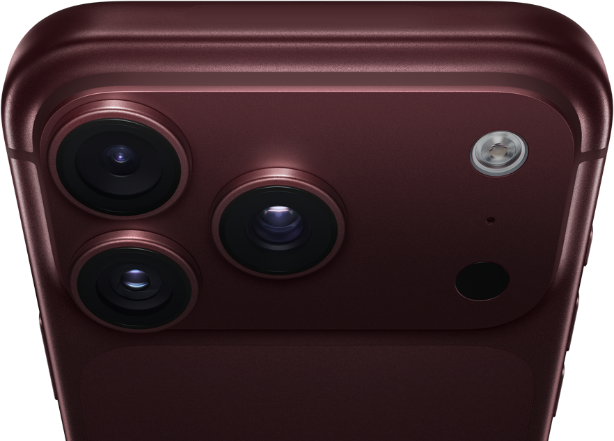 iPhone 18 Pro Max, color burdeos (rojo oscuro), parte trasera exterior, sistema de cámaras Pro Fusion en la parte superior, tres objetivos, láminas de apertura variable parcialmente cerradas, flash, micrófono y escáner LiDAR, parte superior exterior, antena de red móvil, laterales planos, esquinas redondeadas
