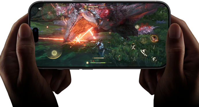 iPhone 18 Pro, parte delantera, muestra el rendimiento del chip A20 Pro con una escena de Monster Hunter Outlanders