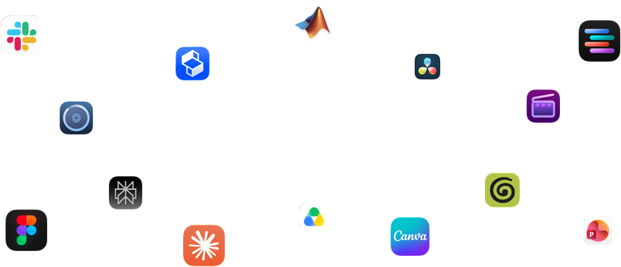 Varios glifos de apps alrededor del texto que dice: Las apps vuelan en macOS