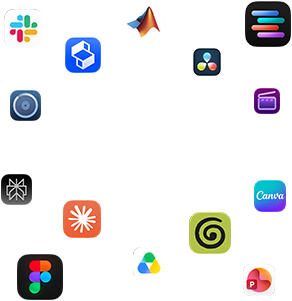 Varios glifos de apps alrededor del texto que dice: Las apps vuelan con macOS