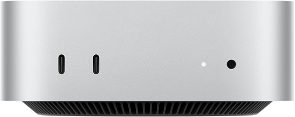 Mac mini, parte delantera, dos puertos Thunderbolt, indicador luminoso de estado y toma para auriculares, base negra con diseño cónico, cubierta plana, laterales redondeados, bordes rectos, color plata