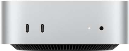 Mac mini, parte delantera, dos puertos Thunderbolt, indicador luminoso de estado y toma para auriculares, base negra con diseño cónico, cubierta plana, laterales redondeados, bordes rectos, color plata