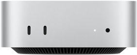 Mac mini, parte delantera, dos puertos Thunderbolt, indicador luminoso de estado y toma para auriculares, base negra con diseño cónico, cubierta plana, laterales redondeados, bordes rectos, color plata