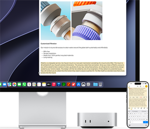 Vista frontal del Mac mini, debajo de un Studio Display, un iPhone a la derecha del dispositivo y la pantalla, texto seleccionado con los comandos Copiar, Pegar, Cortar y Autorrellenar aparecen arriba en el iPhone reproduciendo el texto resaltado en la pantalla, se muestra la prestación Portapapeles Universal