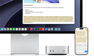 Vista frontal del Mac mini, debajo de un Studio Display, un iPhone a la derecha del dispositivo y la pantalla, texto seleccionado con los comandos Copiar, Pegar, Cortar y Autorrellenar aparecen arriba en el iPhone reproduciendo el texto resaltado en la pantalla, se muestra la prestación Portapapeles Universal