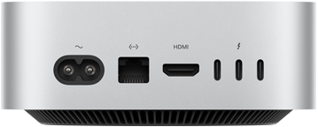 Mac mini, parte trasera, toma de corriente, un puerto Ethernet, un puerto HDMI y tres puertos Thunderbolt