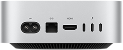 Mac mini, parte trasera, toma de corriente, un puerto Ethernet, un puerto HDMI y tres puertos Thunderbolt