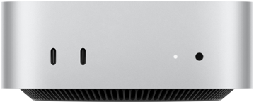 Mac mini, vista frontal, carcasa en plata, dos puertos USB-C, botón de encendido, luz de estado, rejilla de ventilación en la parte inferior